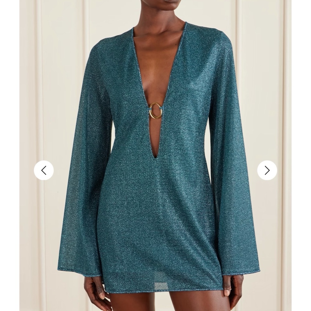 Oseree Teal Shimmer Mini Dress with Plunging V-Neck